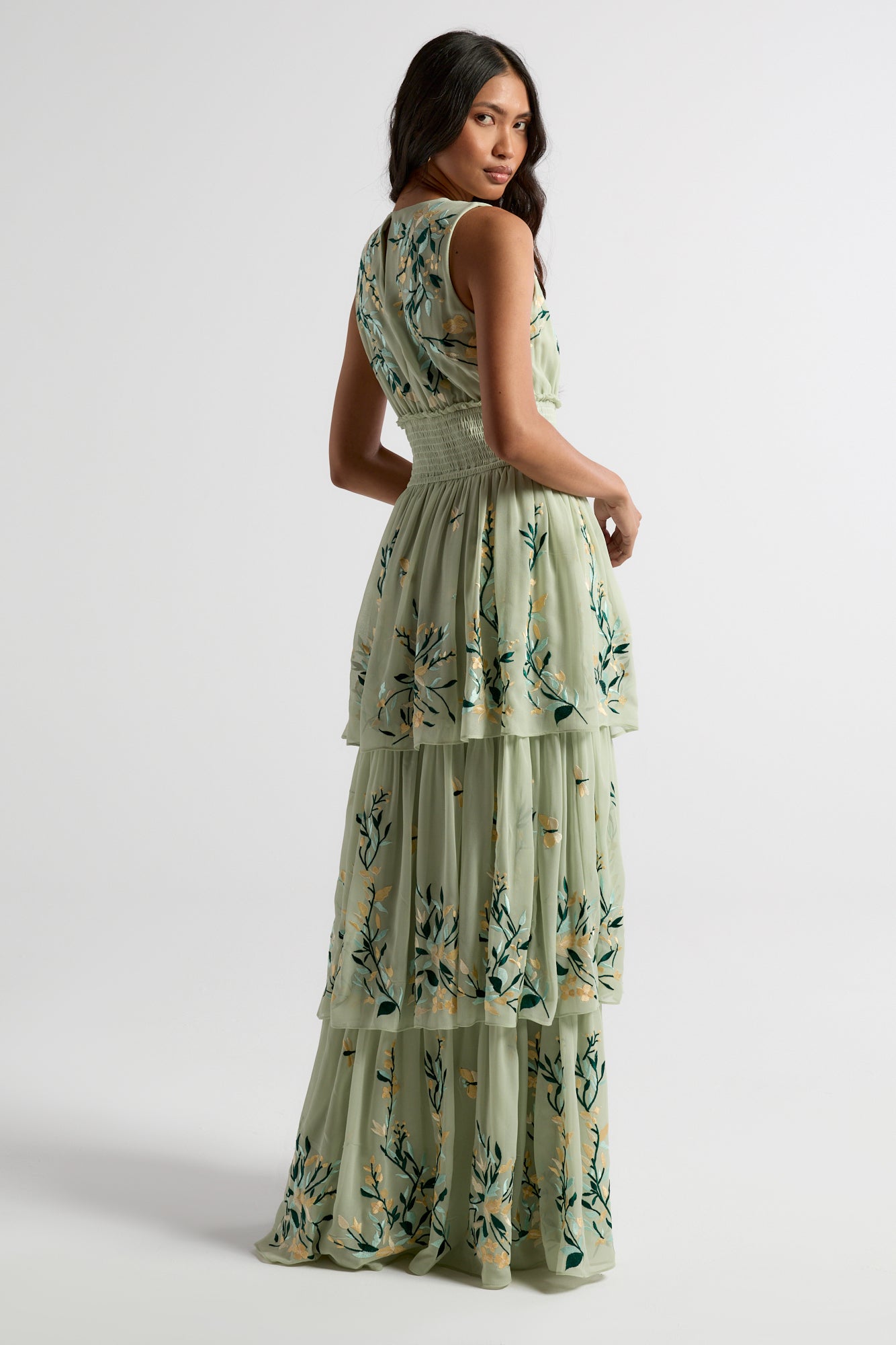 Delilah green floral embroidered tiered maxi dress with shirred waist by Frock and Frill, perfect for weddings, race days, and garden parties.