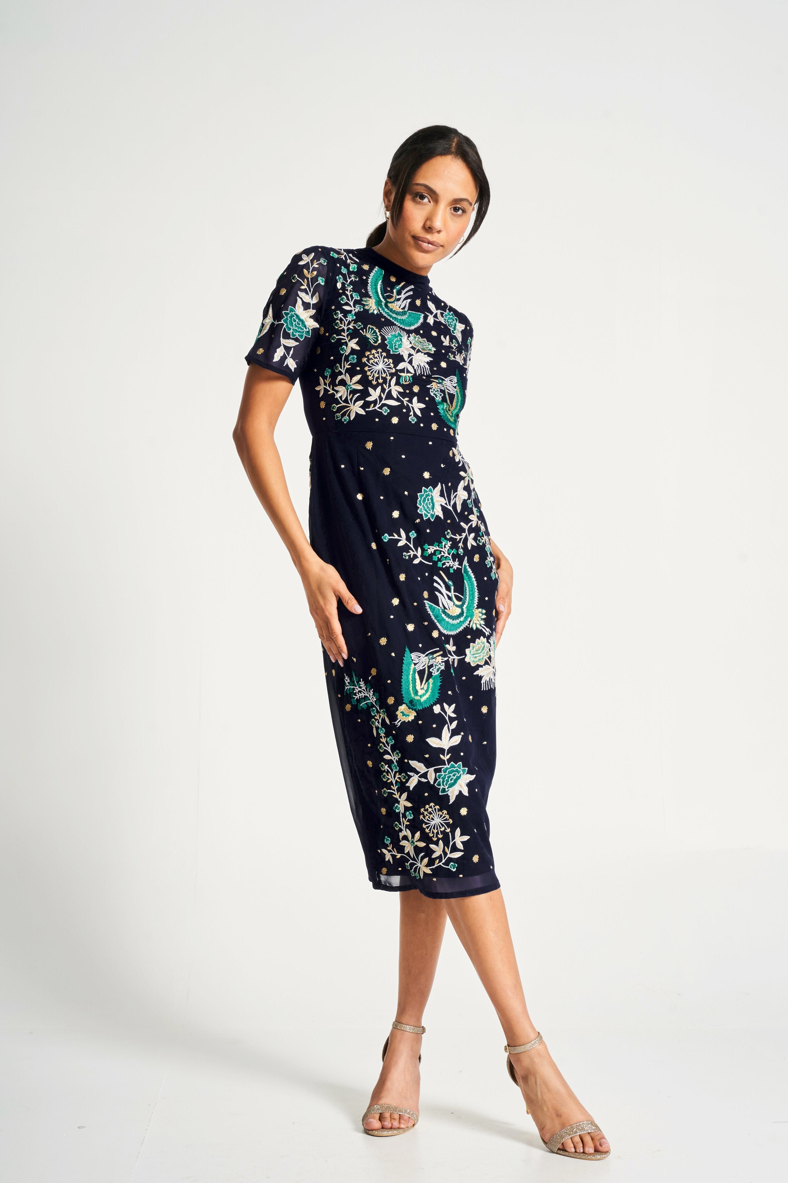 Delphine Navy Embroidered Midi Dress