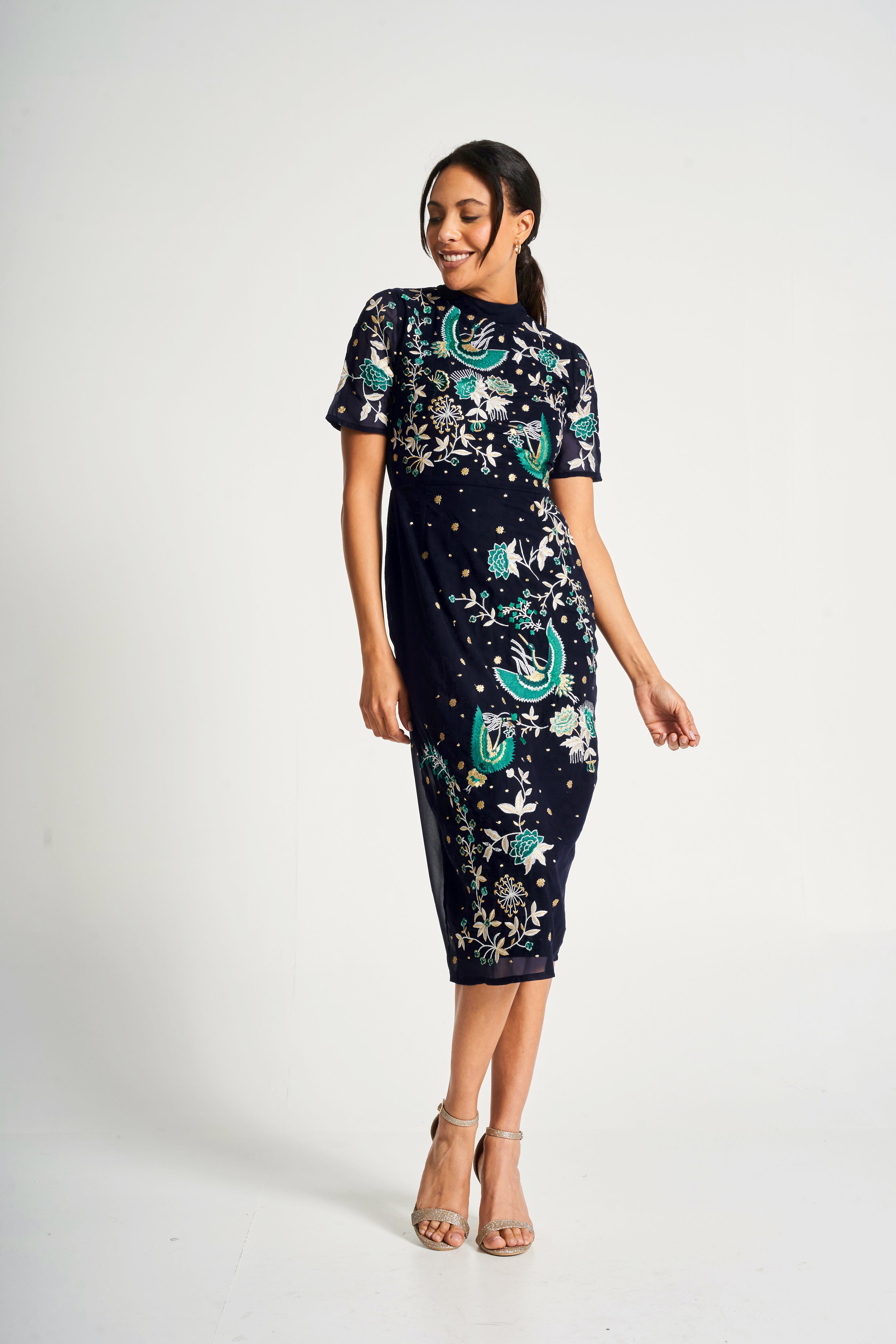 Delphine Navy Embroidered Midi Dress