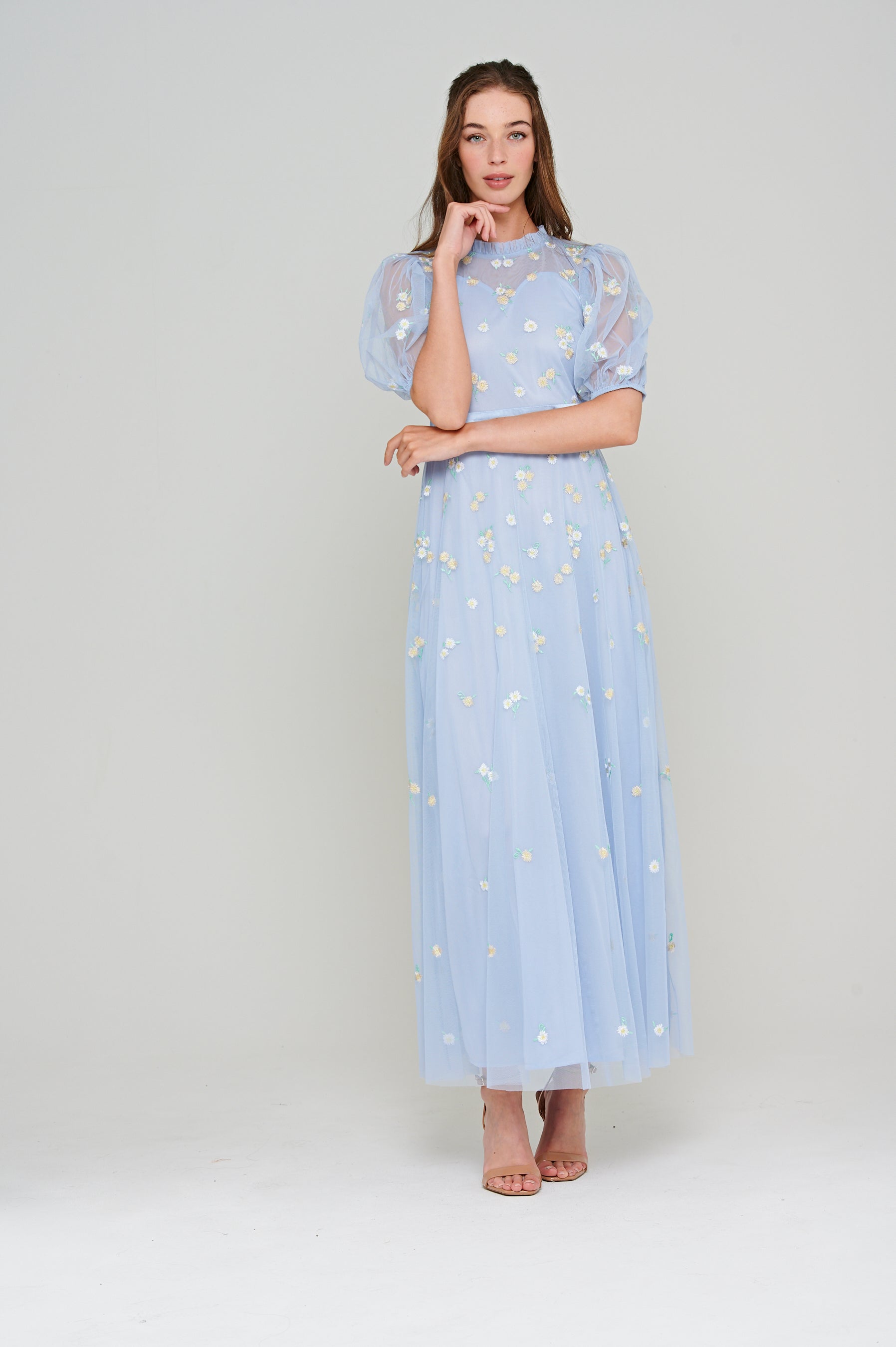 Deryn Daisy Embroidered Maxi Dress in Blue