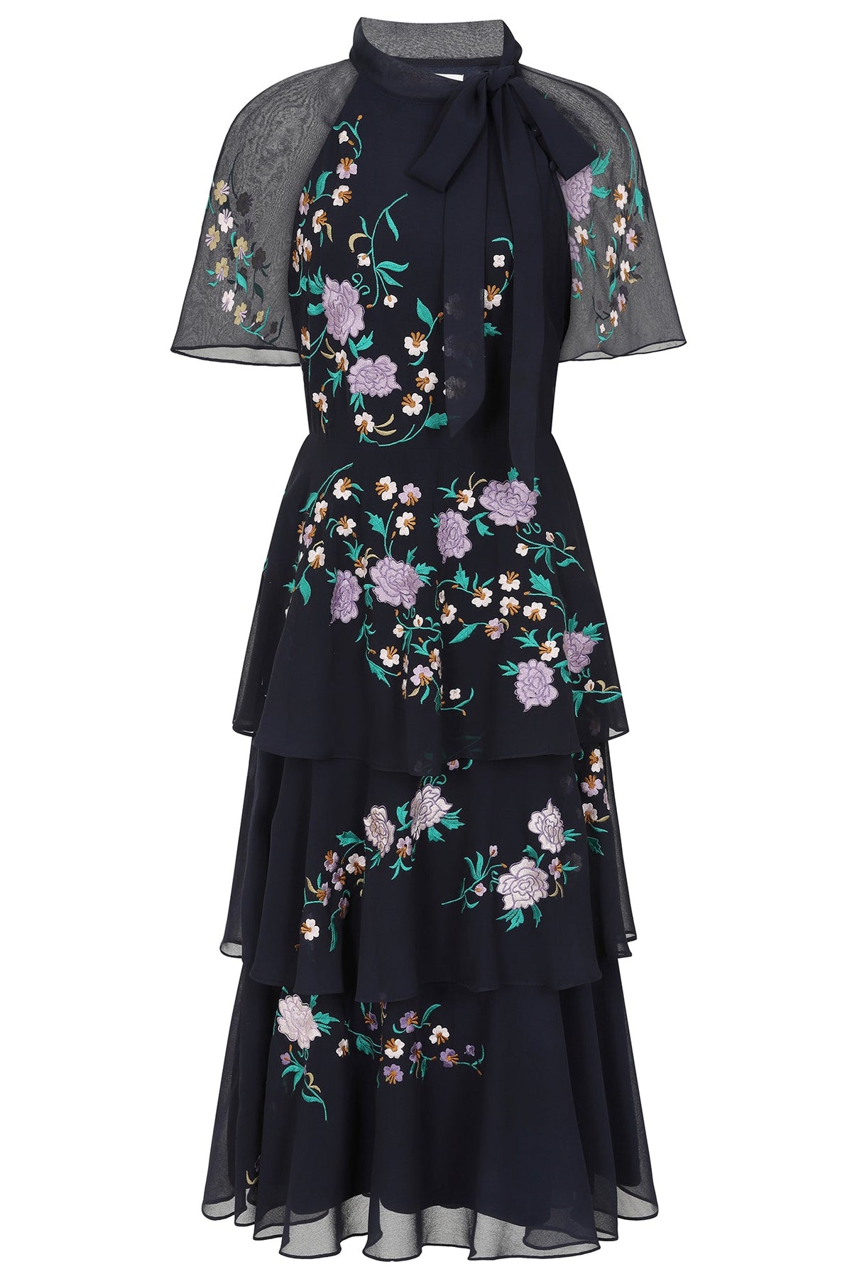 Diantha Floral Embroidered Tiered Midi Dress - Navy