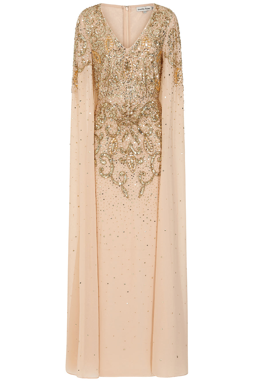 Donna gold embellished maxi dress with flowing cape sleeves, intricate beaded bodice and scattered sequins cascading to the hem.