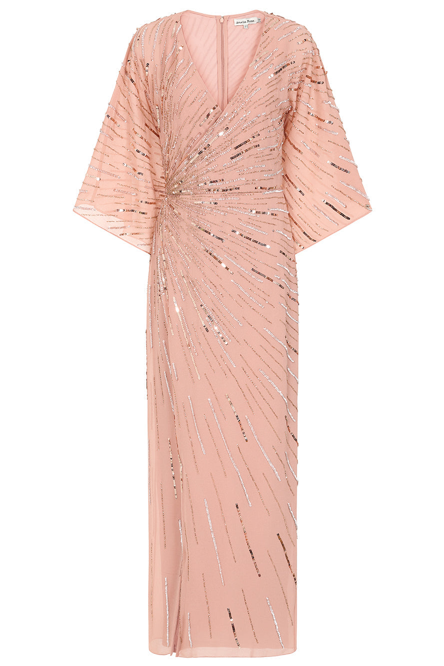 Dora blush embellished maxi dress with all-over sequin detailing and relaxed sleeves