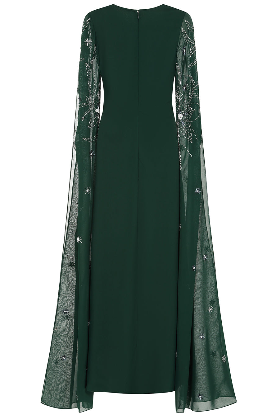 Eden green embellished cape sleeve maxi dress by Frock and Frill with delicate beadwork and a modest full-length silhouette