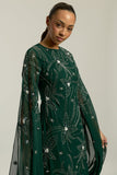Eden green embellished cape sleeve maxi dress by Frock and Frill with delicate beadwork and a modest full-length silhouette