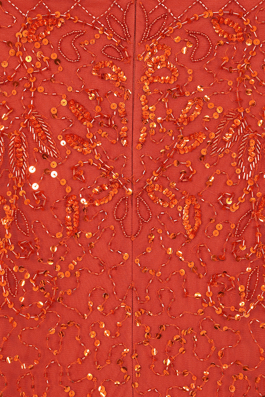 Edina Embellished Maxi Dress with long sleeves in orange, featuring sparkling beadwork, perfect for weddings, evening events, and formal occasions.