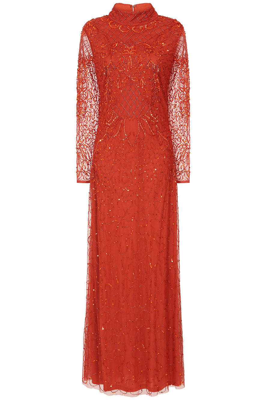 Edina Embellished Maxi Dress with long sleeves in orange, featuring sparkling beadwork, perfect for weddings, evening events, and formal occasions.