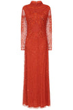 Edina Embellished Maxi Dress with long sleeves in orange, featuring sparkling beadwork, perfect for weddings, evening events, and formal occasions.