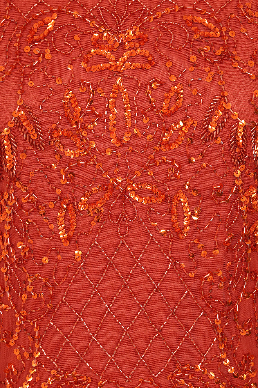 Edina Embellished Maxi Dress with long sleeves in orange, featuring sparkling beadwork, perfect for weddings, evening events, and formal occasions.