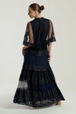 Edith Navy Lace Maxi Dress with Cape Detail by Frock and Frill, floor-length navy dress with lace overlay and flowing cape sleeves, ideal for weddings and parties