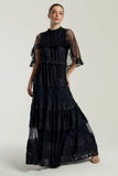 Edith Navy Lace Maxi Dress with Cape Detail by Frock and Frill, floor-length navy dress with lace overlay and flowing cape sleeves, ideal for weddings and parties