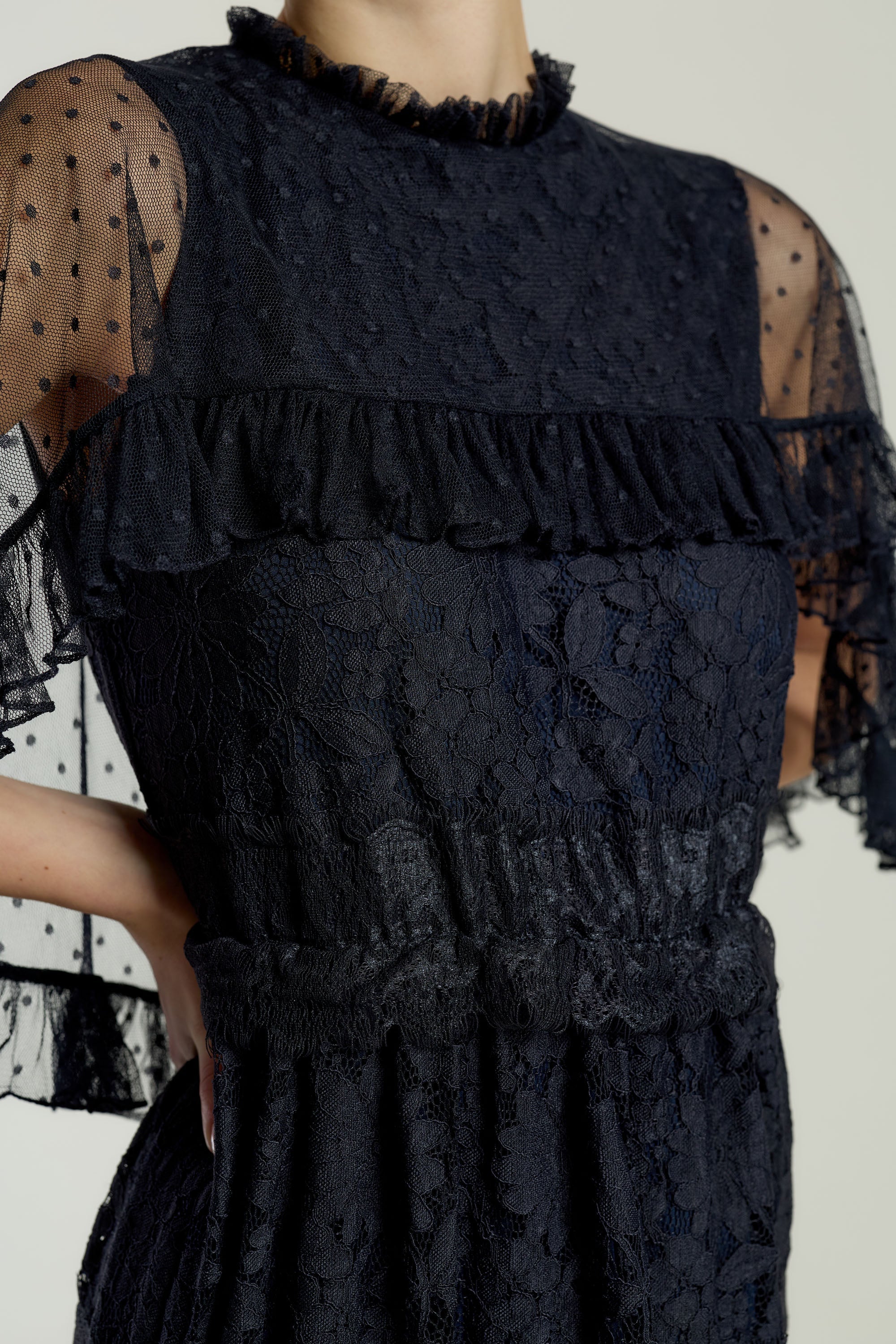 Edith Navy Lace Maxi Dress with Cape Detail by Frock and Frill, floor-length navy dress with lace overlay and flowing cape sleeves, ideal for weddings and parties