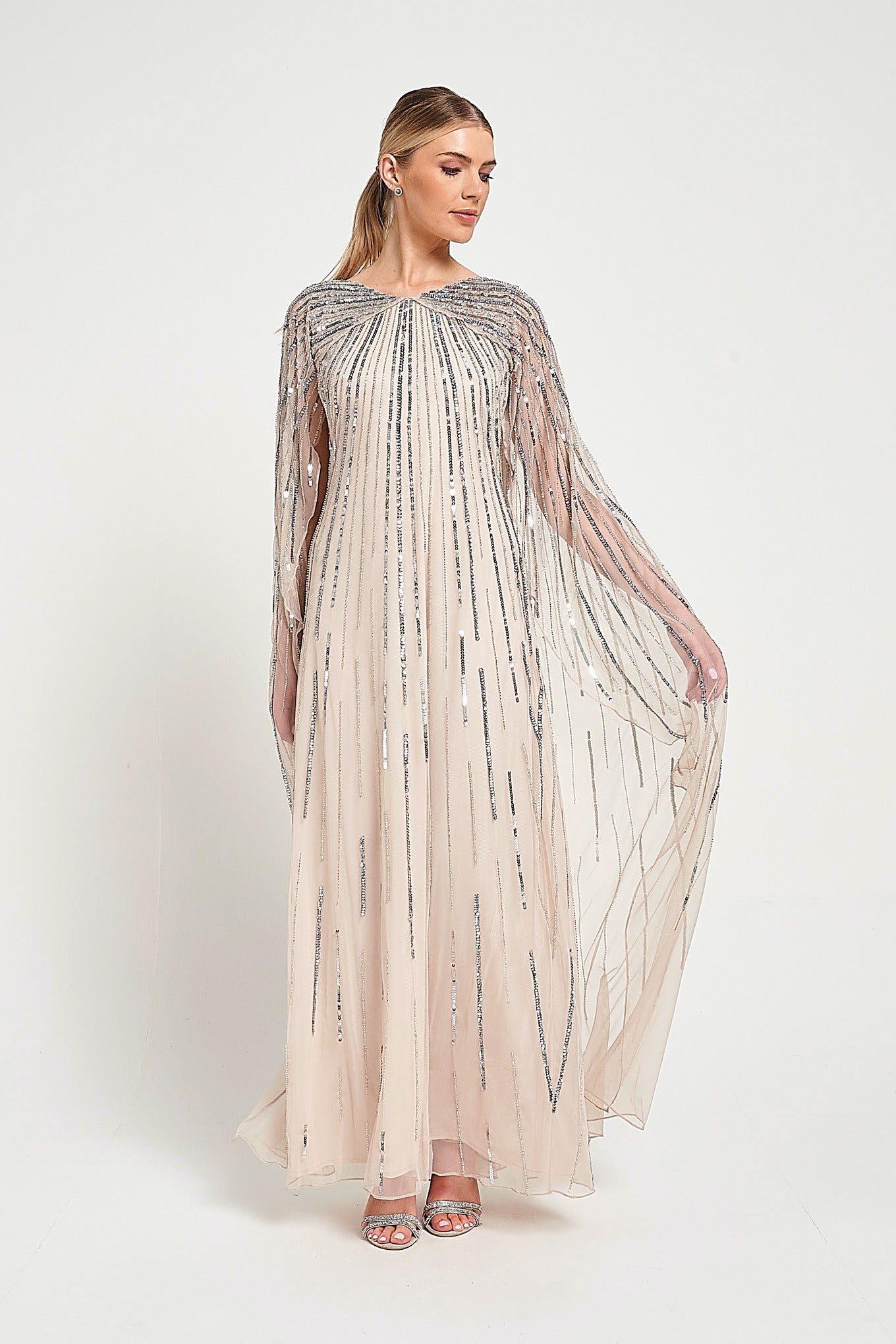 Edna Nude Sequin Cape Sleeve Maxi Dress
