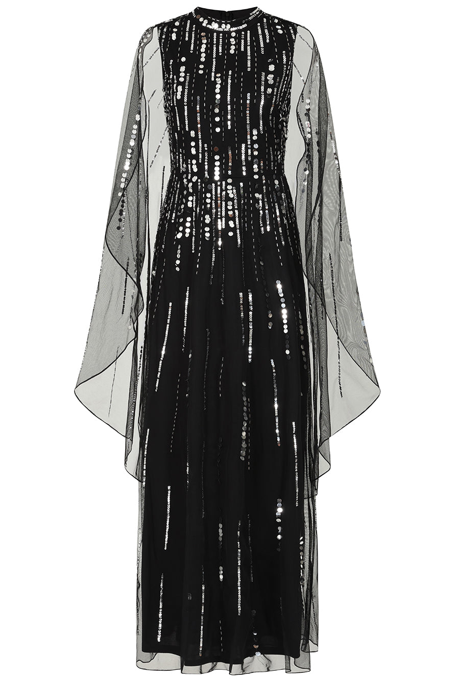 Eileen black sequin cape sleeve maxi dress with full-length silhouette and all-over sparkle designed for elegant evening and occasion wear styling