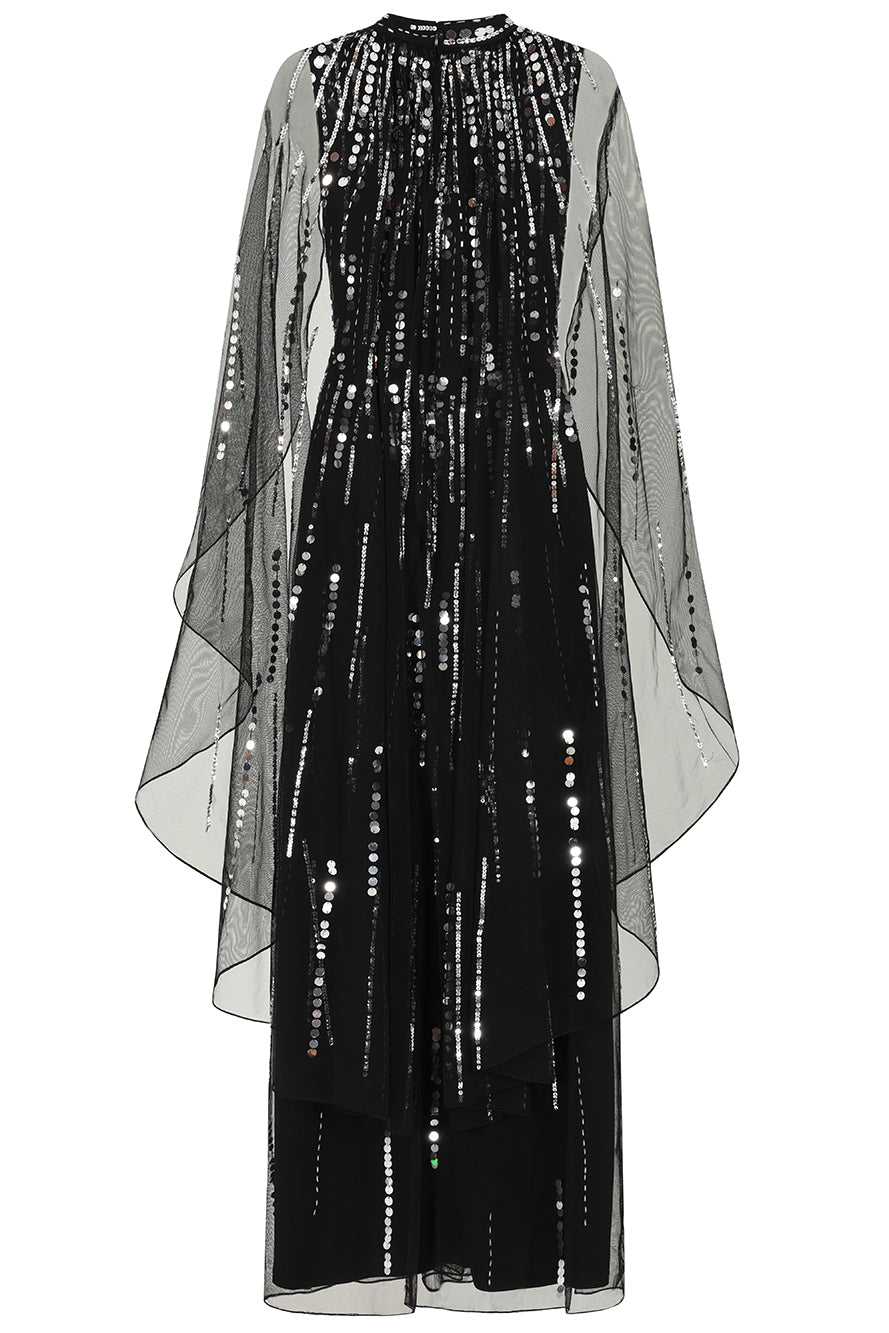 Eileen black sequin cape sleeve maxi dress with full-length silhouette and all-over sparkle designed for elegant evening and occasion wear styling