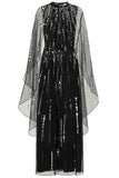 Eileen black sequin cape sleeve maxi dress with full-length silhouette and all-over sparkle designed for elegant evening and occasion wear styling