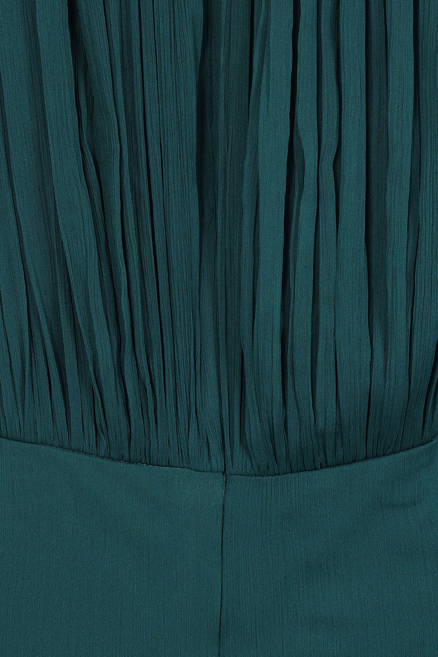 Elaine storm green tie neck maxi dress with long sleeves and floor-length silhouette designed for elegant wedding guest and occasion wear styling