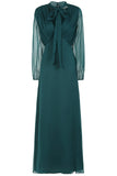 Elaine storm green tie neck maxi dress with long sleeves and floor-length silhouette designed for elegant wedding guest and occasion wear styling