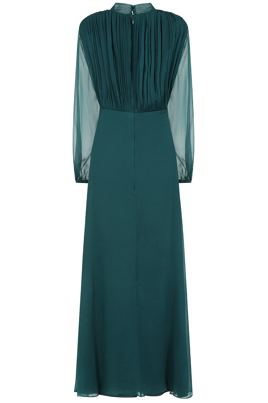 Elaine storm green tie neck maxi dress with long sleeves and floor-length silhouette designed for elegant wedding guest and occasion wear styling
