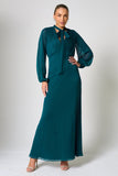 Elaine storm green tie neck maxi dress with long sleeves and floor-length silhouette designed for elegant wedding guest and occasion wear styling