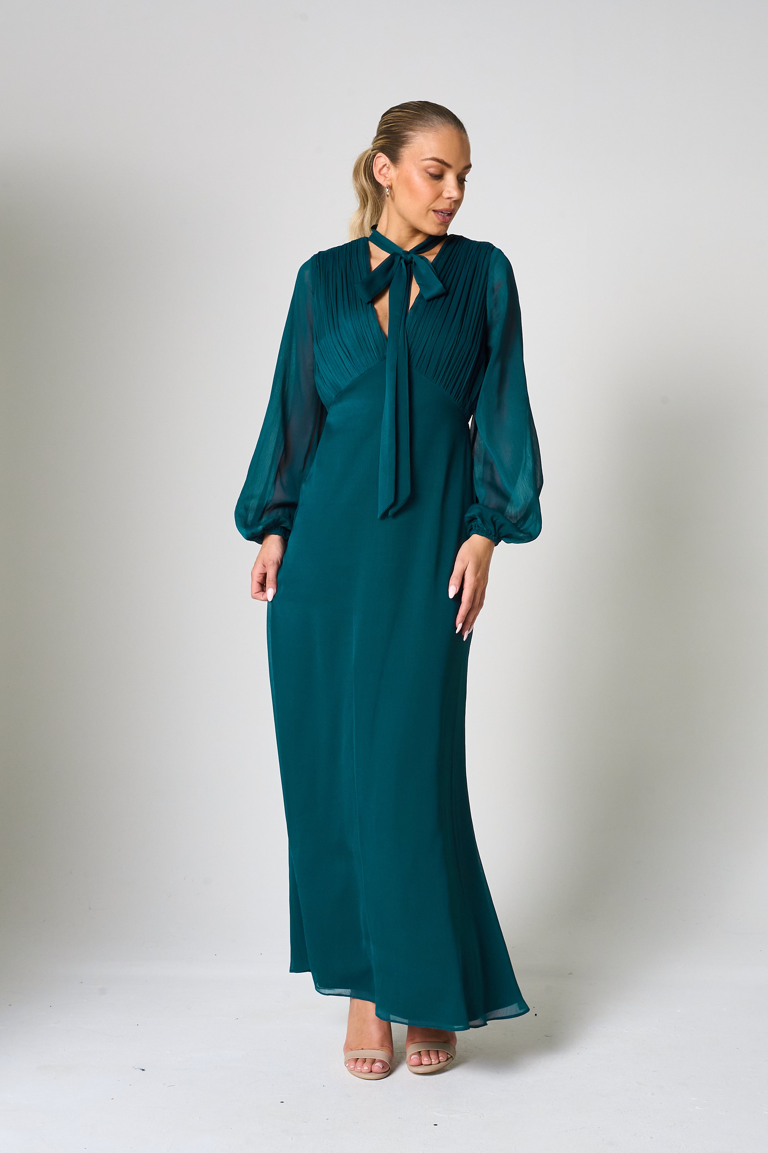Elaine Green Tie Neck Maxi Dress 