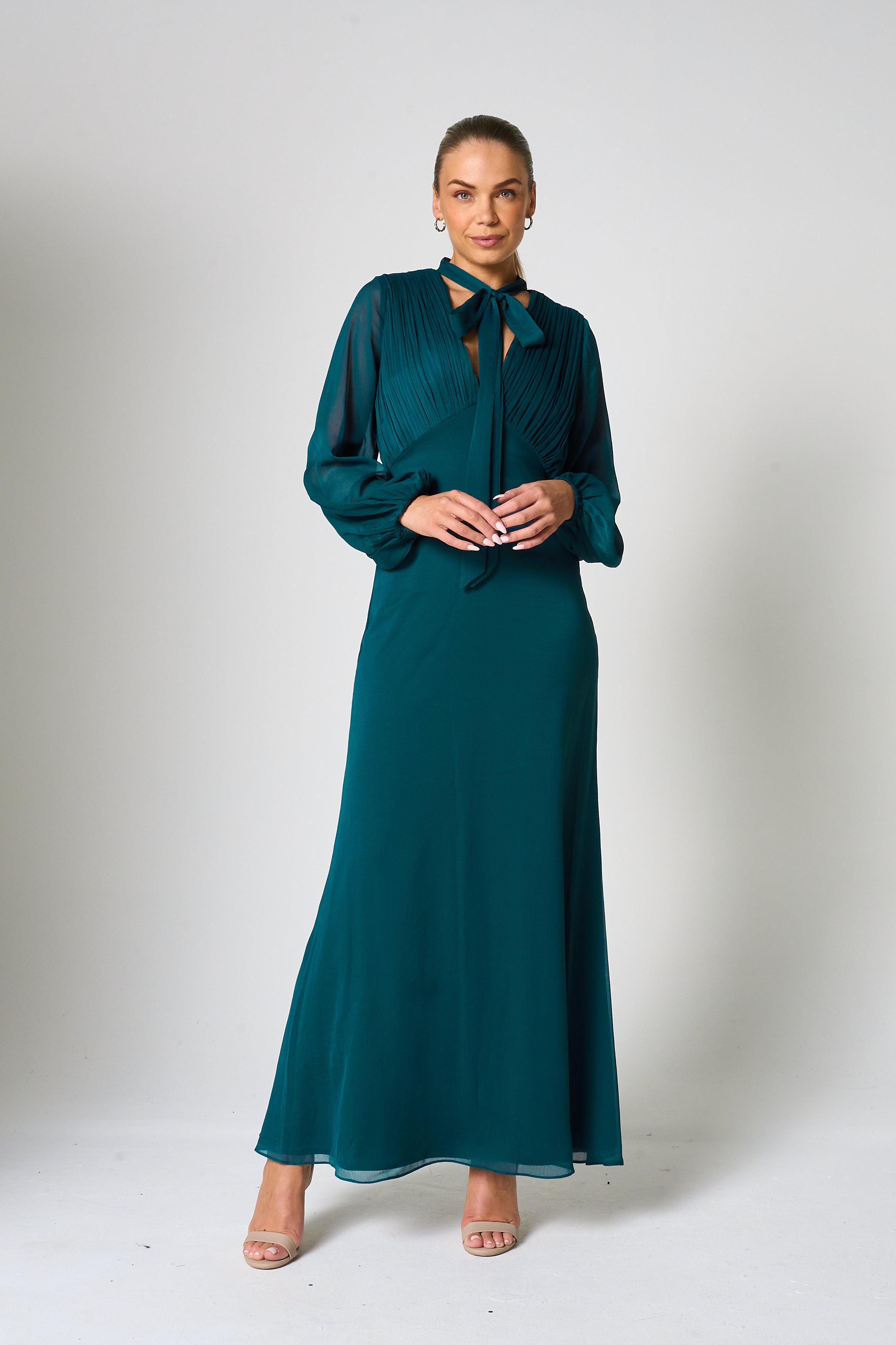 Elaine Green Tie Neck Maxi Dress 