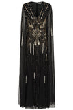 Elara black maxi dress with gold embellishment and sheer cape