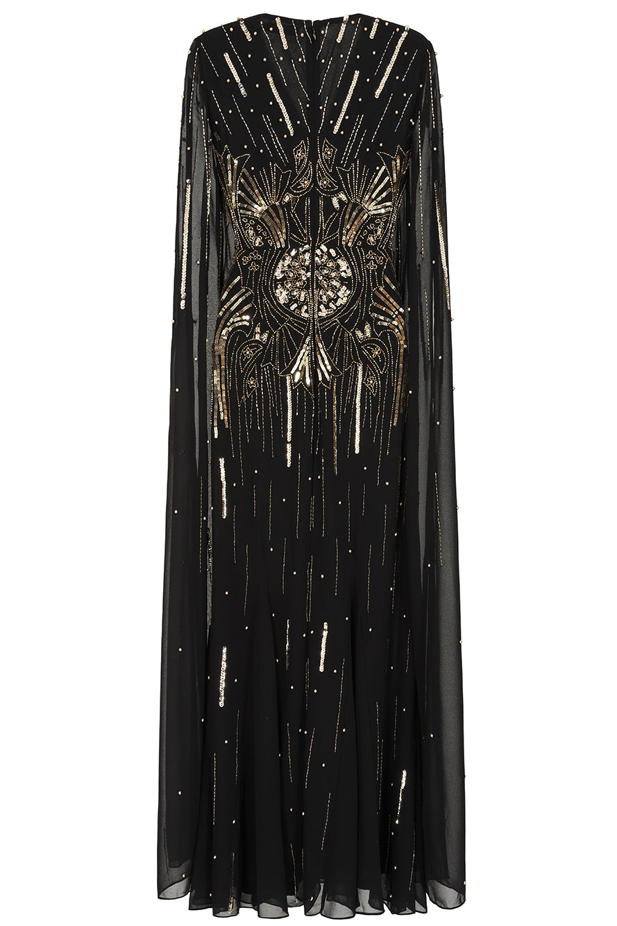 Elara black maxi dress with gold embellishment and sheer cape