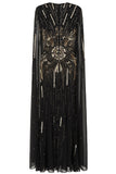 Elara black maxi dress with gold embellishment and sheer cape