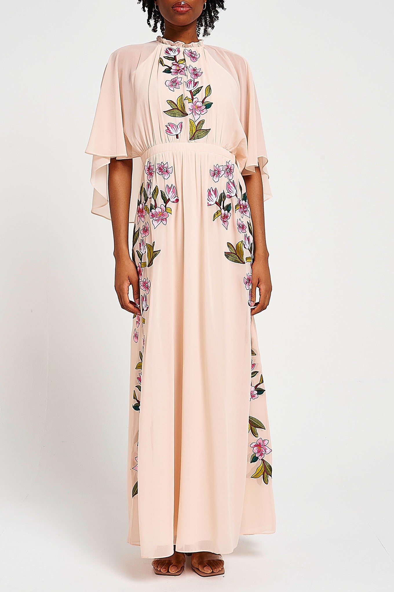 Frock & Frill Elliana blush embroidered maxi dress with cape detail