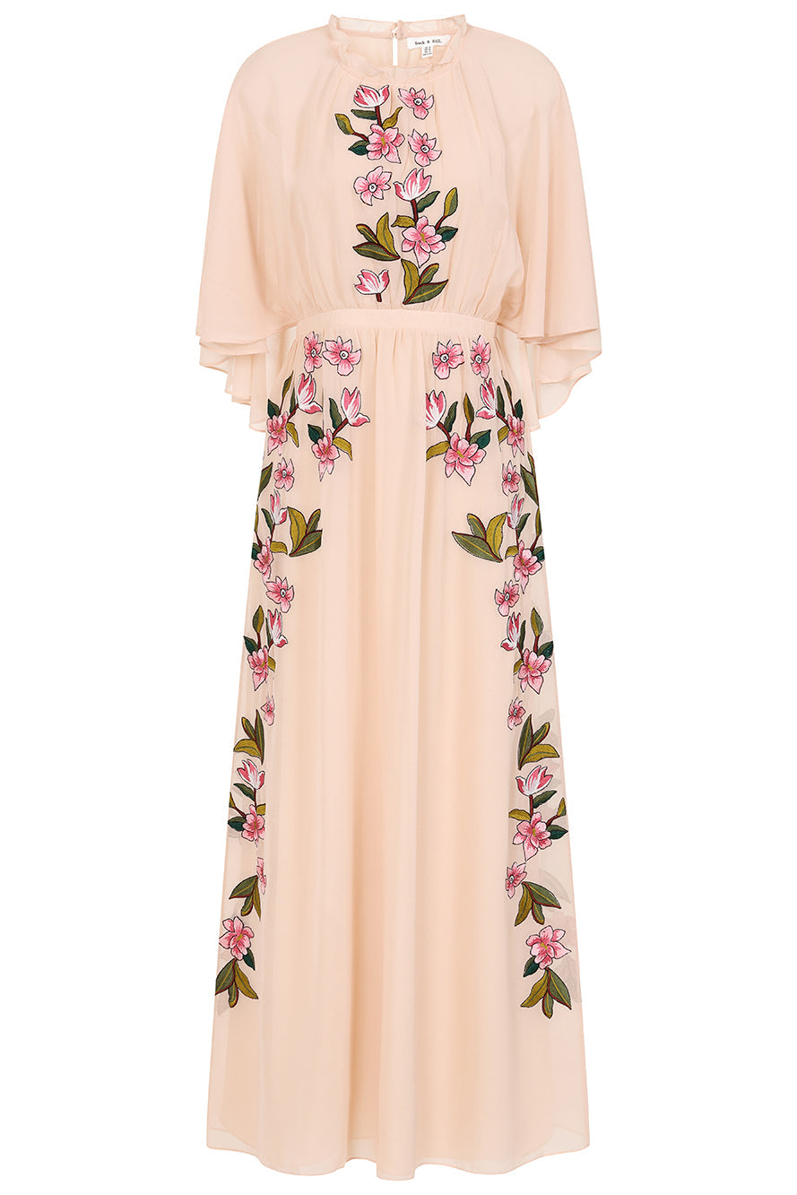 Frock & Frill Elliana blush embroidered maxi dress with cape detail