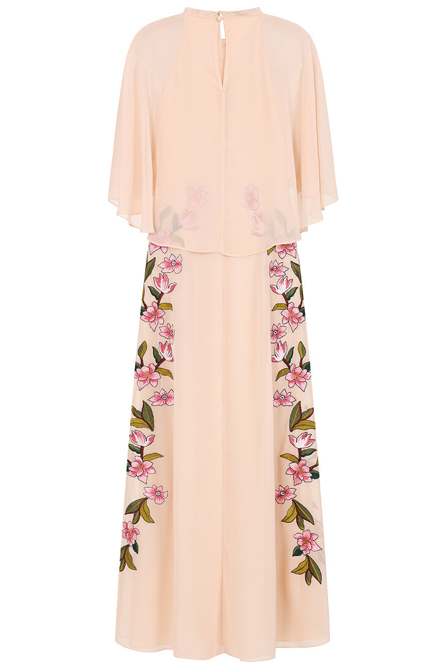 Frock & Frill Elliana blush embroidered maxi dress with cape detail
