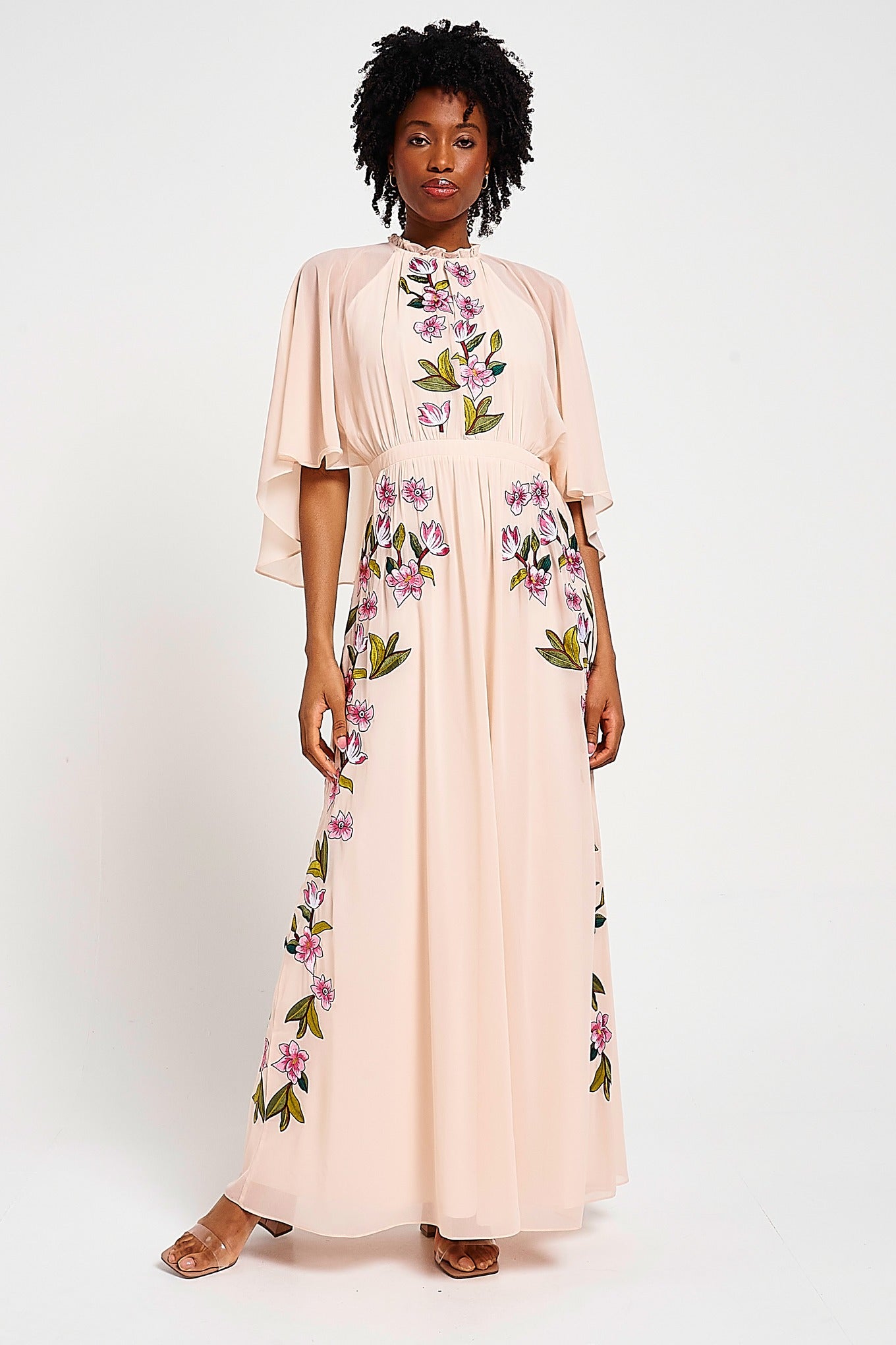 Frock & Frill Elliana blush embroidered maxi dress with cape detail