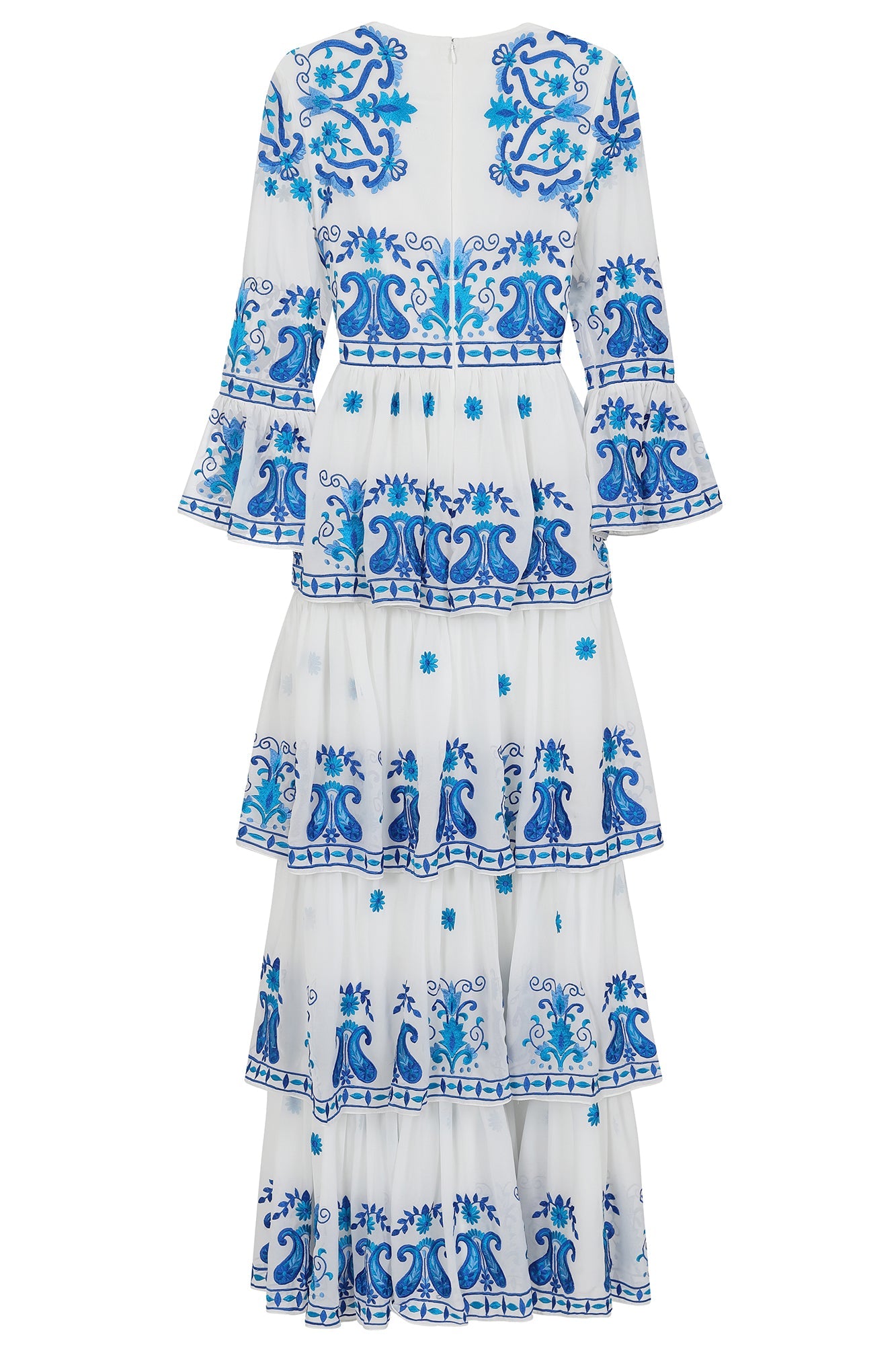 Elodea White and Blue Embroidered Tiered Maxi Dress 