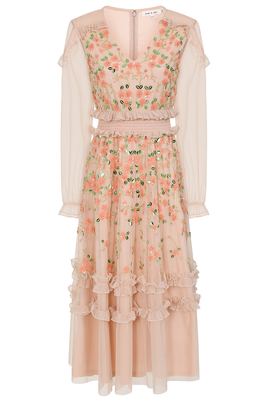 Eloise blush floral embellished midi dress by Frock and Frill with tonal floral detailing, ruffle trim and long sleeves designed for elegant occasion wear styling