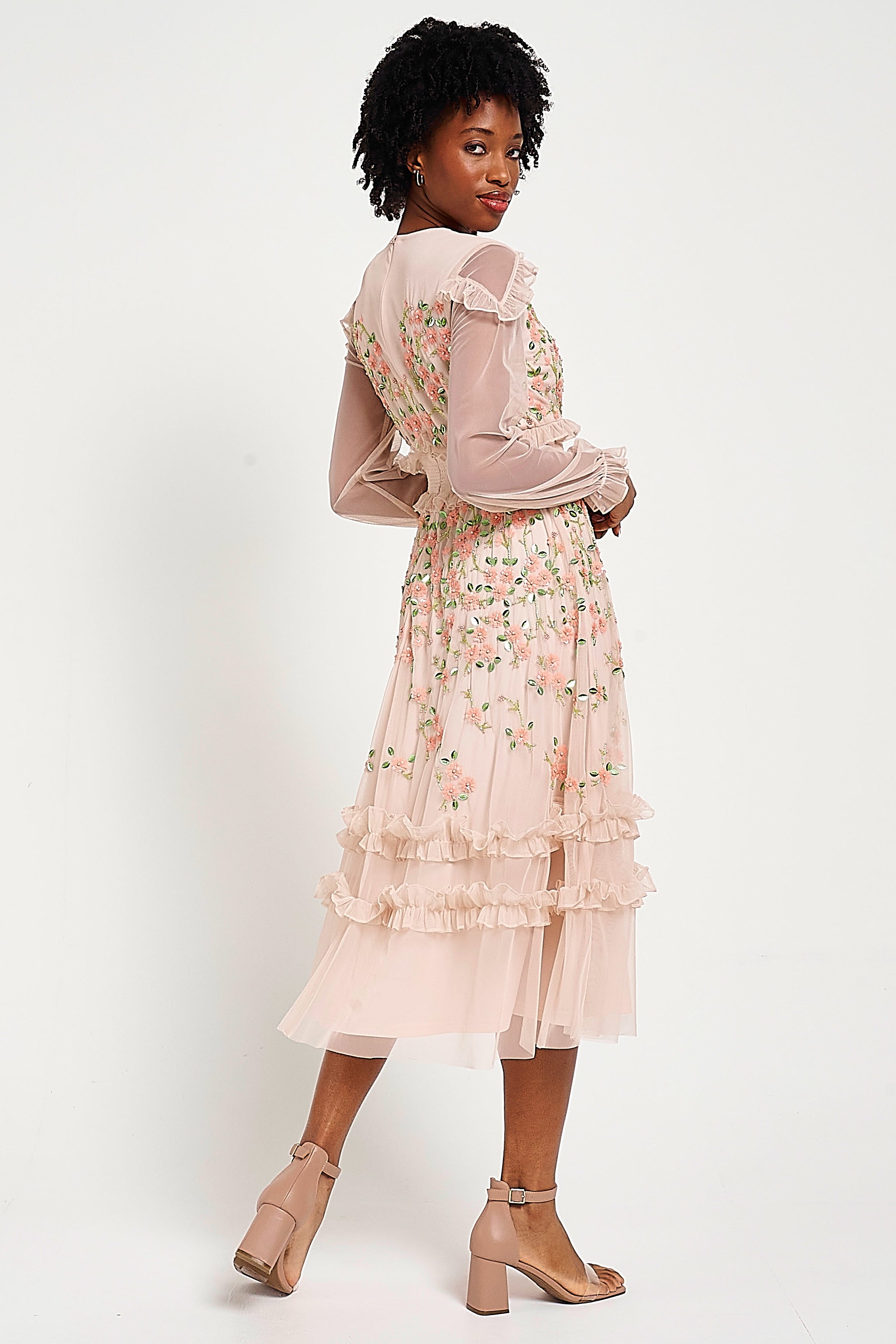 Eloise blush floral embellished midi dress by Frock and Frill with tonal floral detailing, ruffle trim and long sleeves designed for elegant occasion wear styling