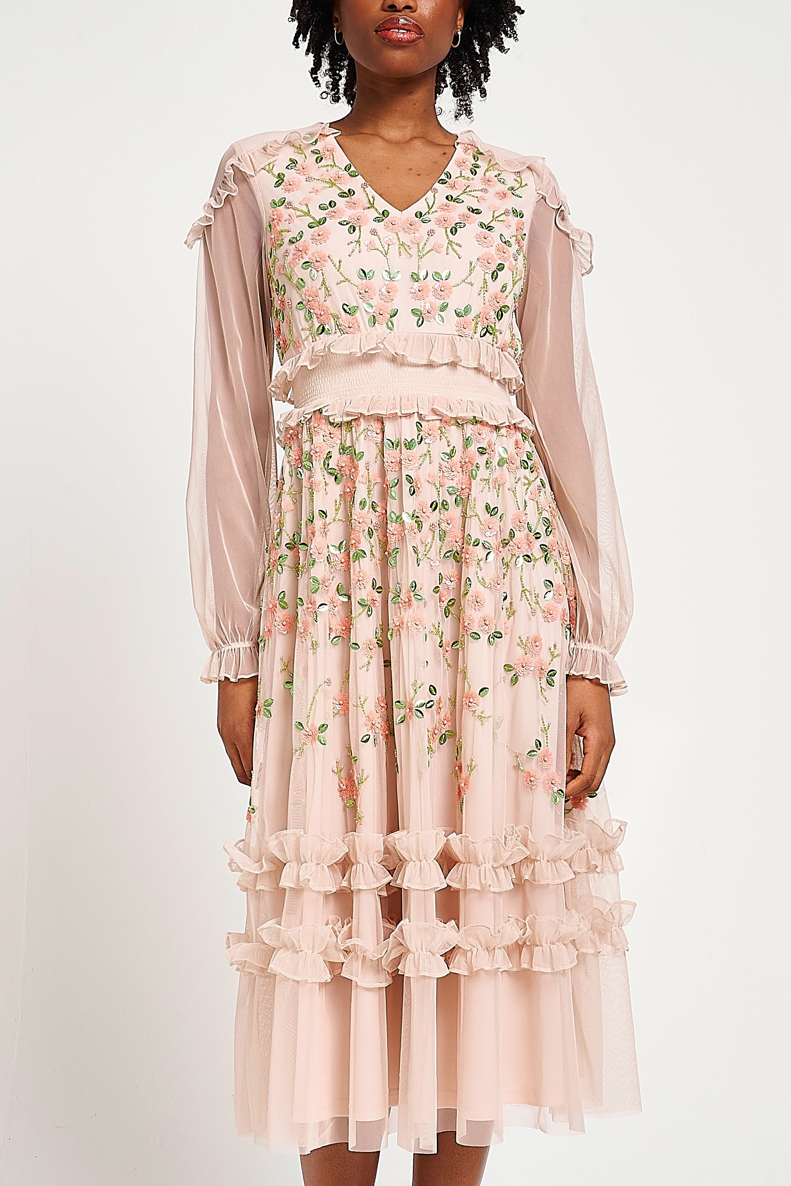 Eloise blush floral embellished midi dress by Frock and Frill with tonal floral detailing, ruffle trim and long sleeves designed for elegant occasion wear styling