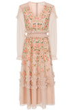Eloise blush floral embellished midi dress by Frock and Frill with tonal floral detailing, ruffle trim and long sleeves designed for elegant occasion wear styling