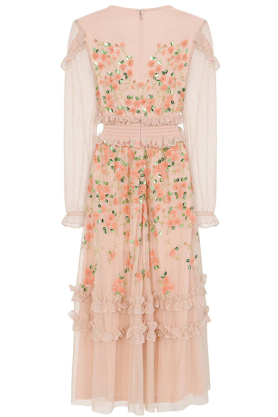 Eloise blush floral embellished midi dress by Frock and Frill with tonal floral detailing, ruffle trim and long sleeves designed for elegant occasion wear styling
