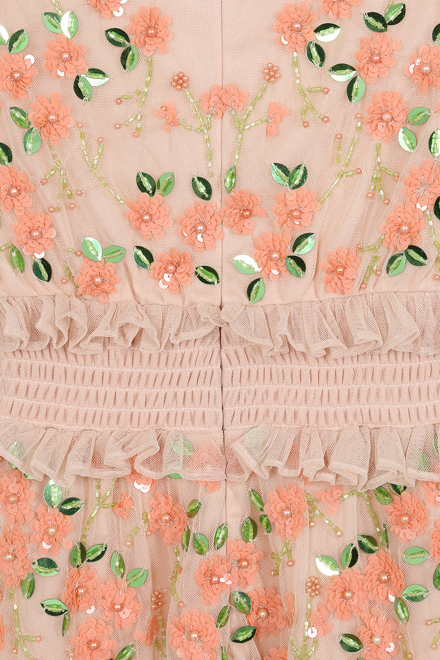 Eloise blush floral embellished midi dress by Frock and Frill with tonal floral detailing, ruffle trim and long sleeves designed for elegant occasion wear styling
