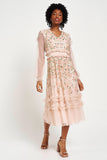 Eloise blush floral embellished midi dress by Frock and Frill with tonal floral detailing, ruffle trim and long sleeves designed for elegant occasion wear styling