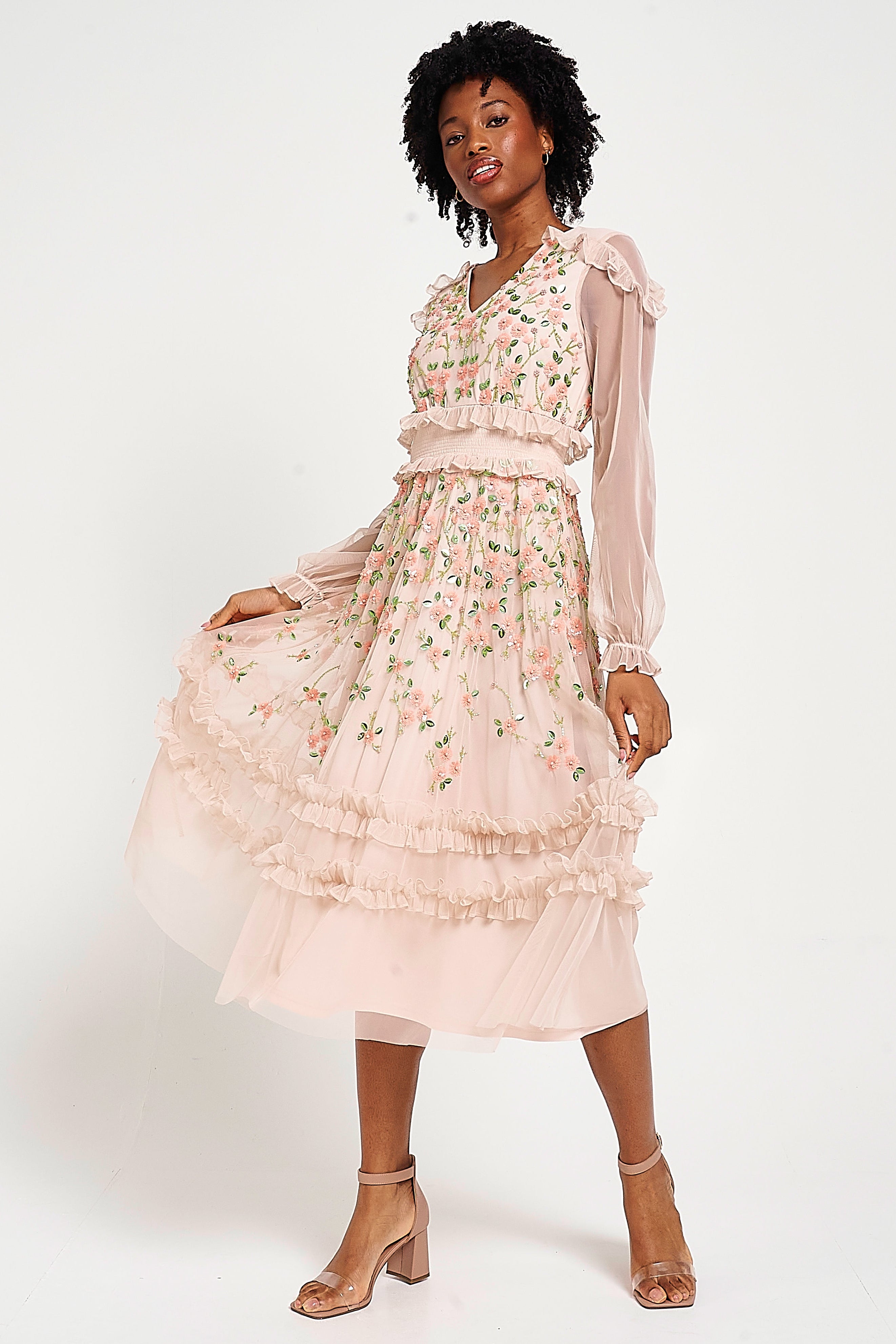 Eloise blush floral embellished midi dress by Frock and Frill with tonal floral detailing, ruffle trim and long sleeves designed for elegant occasion wear styling