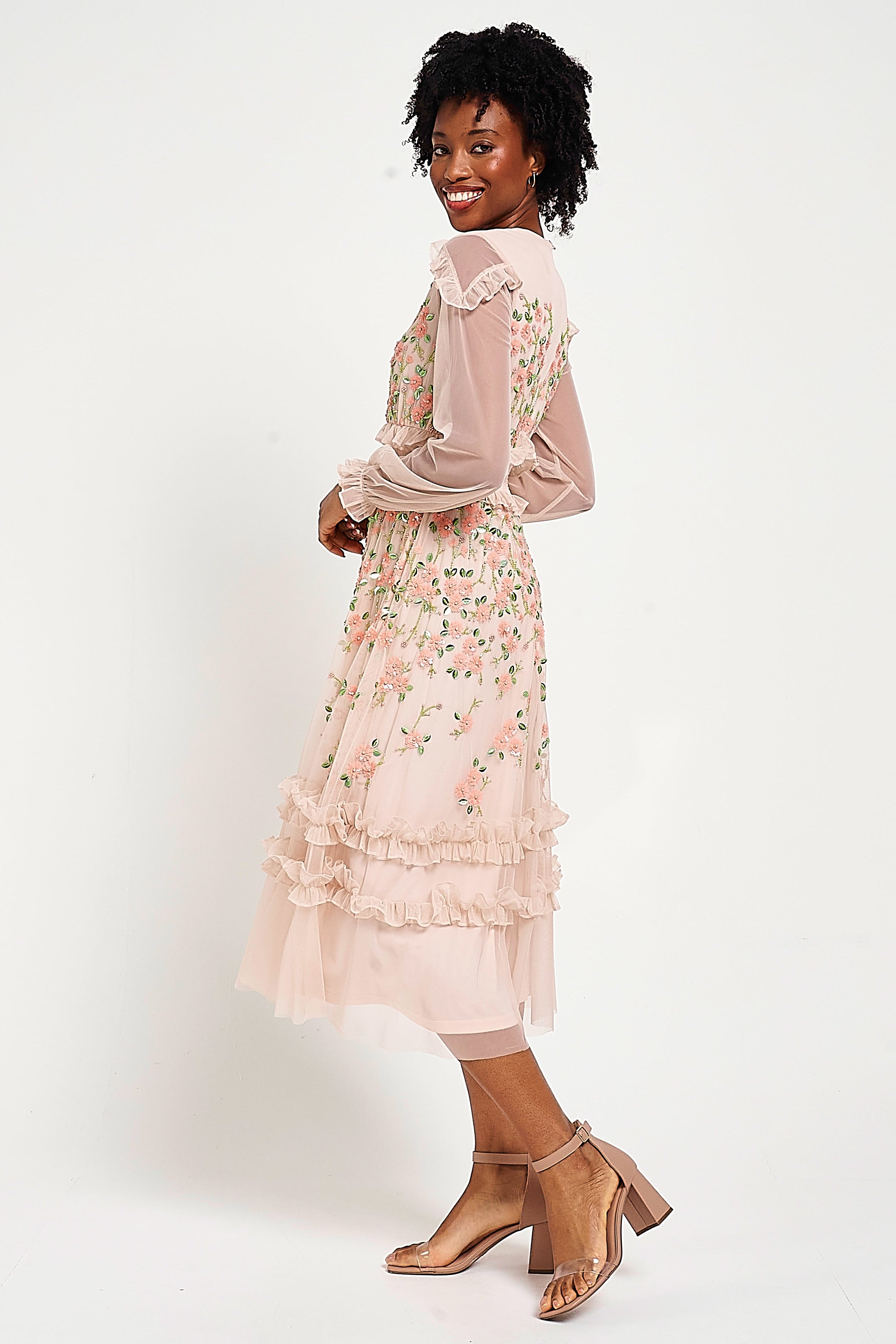 Eloise blush floral embellished midi dress by Frock and Frill with tonal floral detailing, ruffle trim and long sleeves designed for elegant occasion wear styling