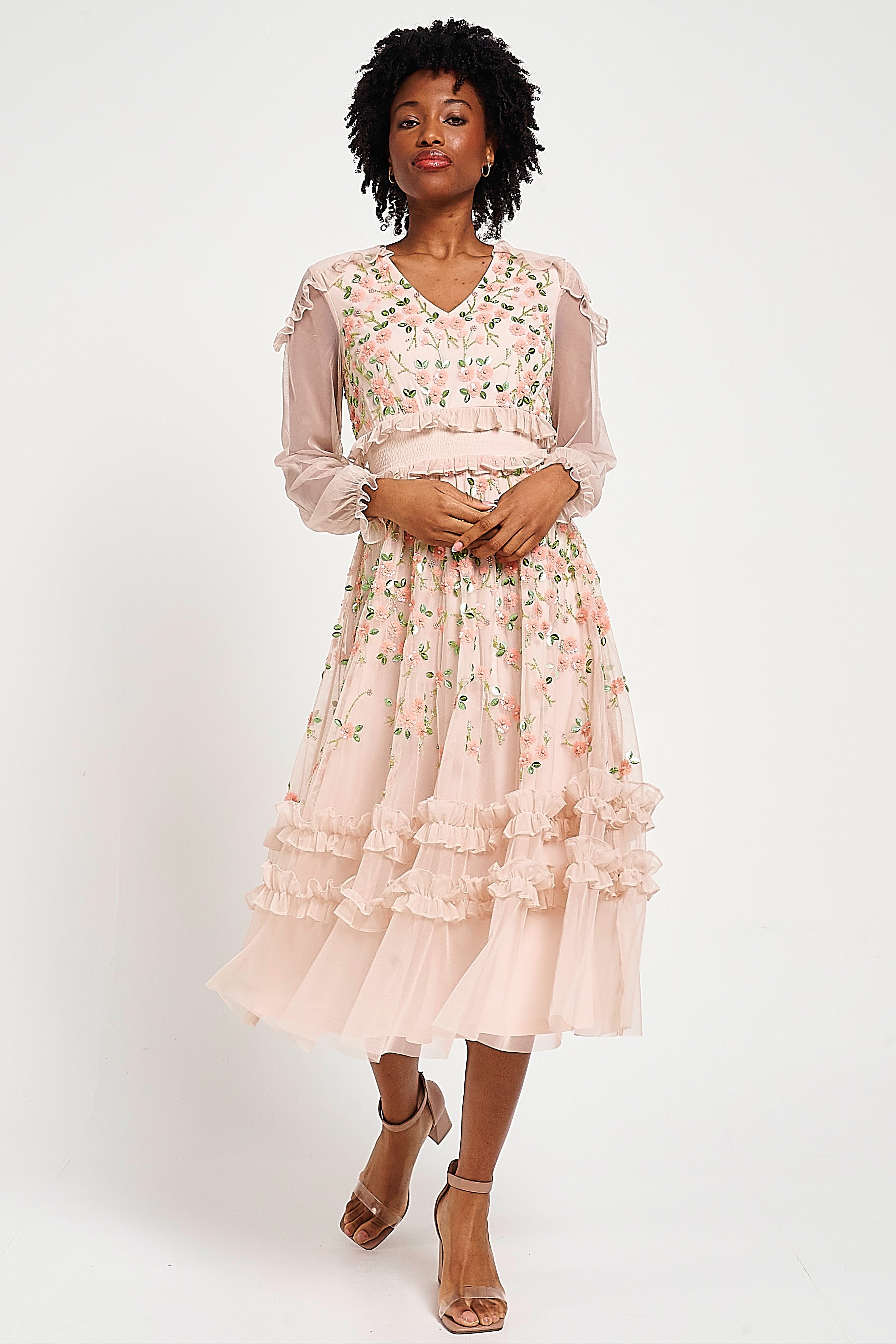 Eloise blush floral embellished midi dress by Frock and Frill with tonal floral detailing, ruffle trim and long sleeves designed for elegant occasion wear styling