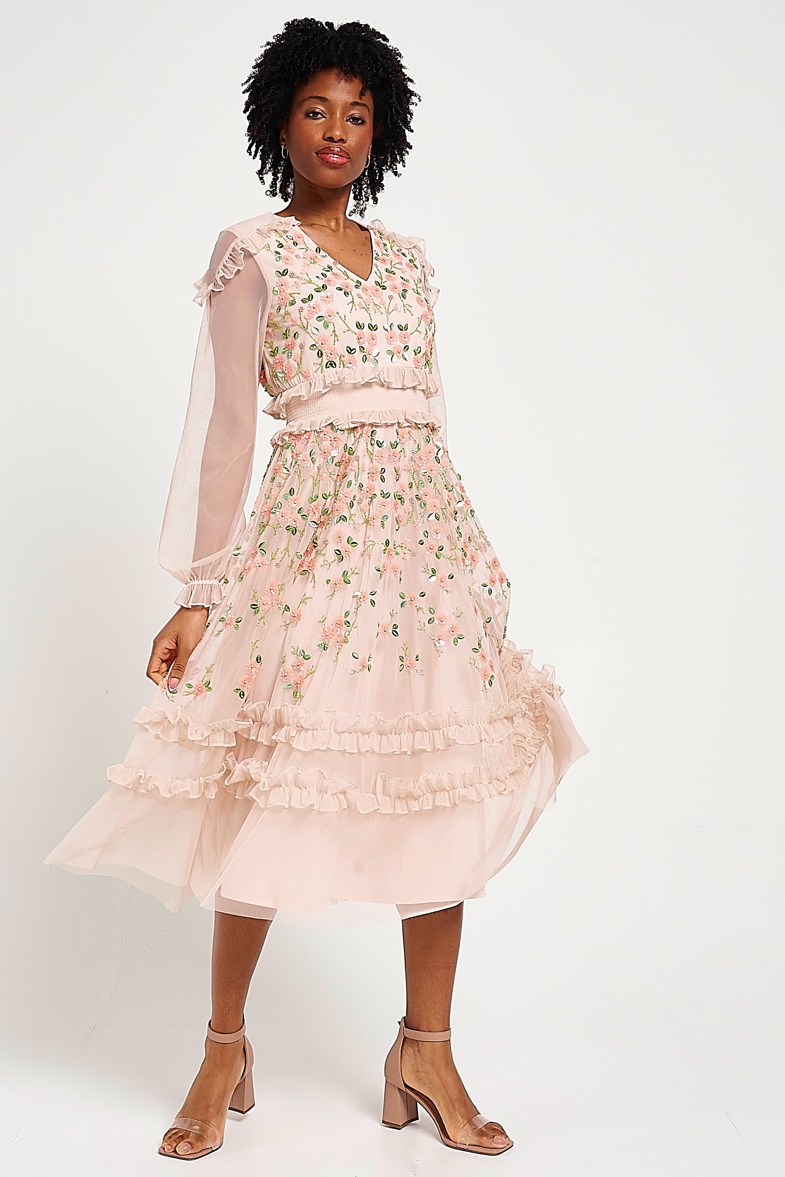 Eloise blush floral embellished midi dress by Frock and Frill with tonal floral detailing, ruffle trim and long sleeves designed for elegant occasion wear styling