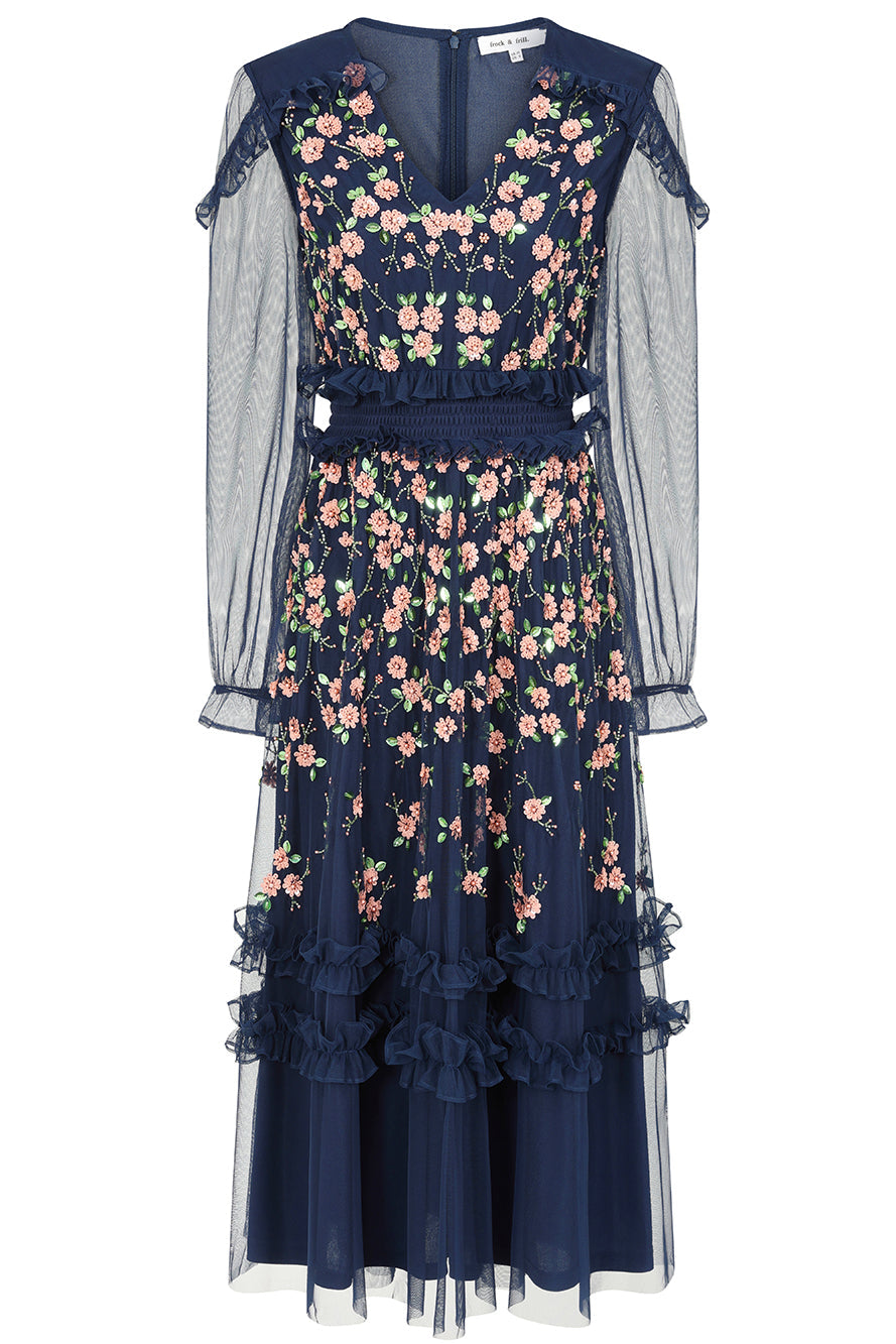 Eloise Navy Floral Embellished Midi Dress 