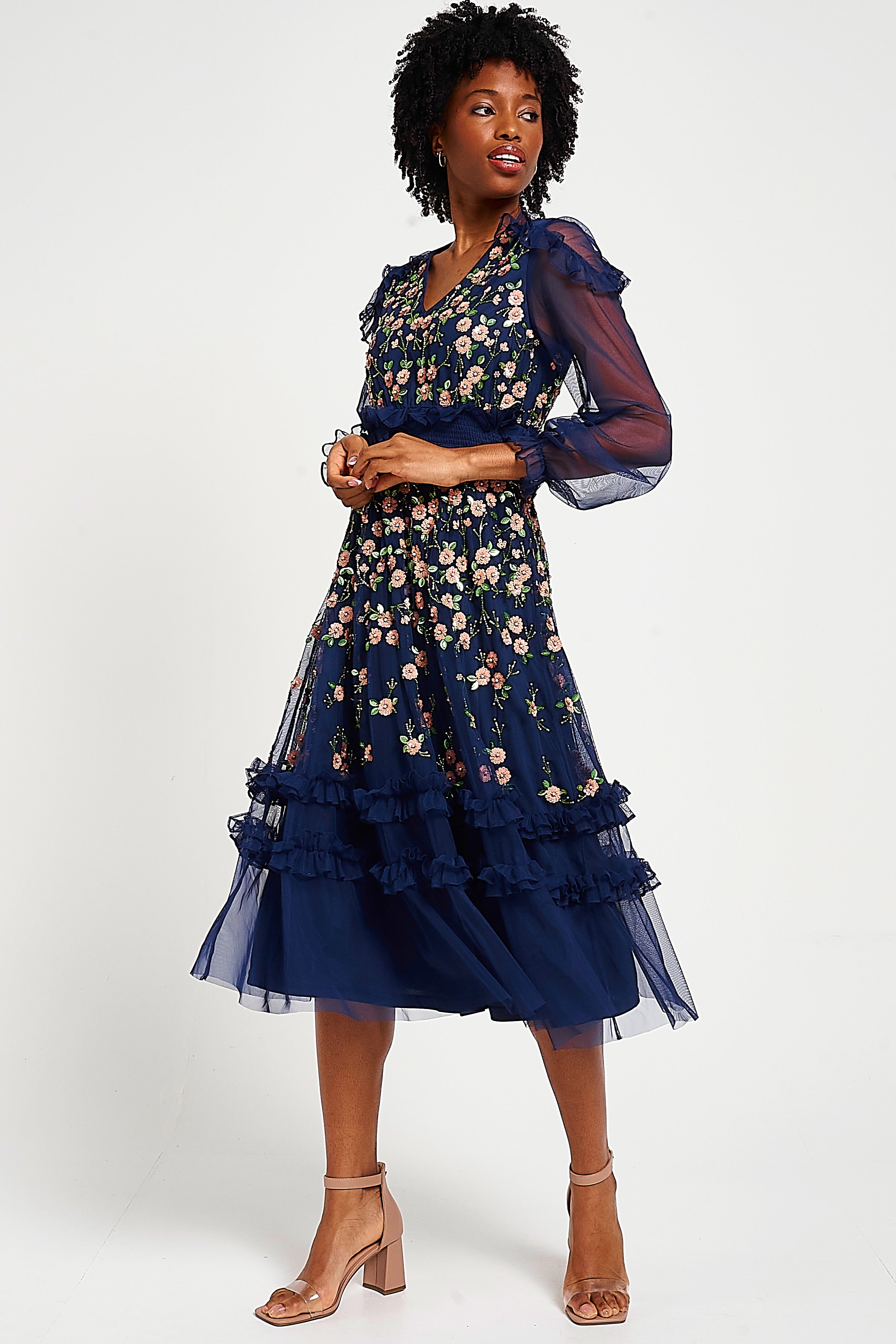 Frock & Frill Eloise navy embellished midi dress with elegant detailing
