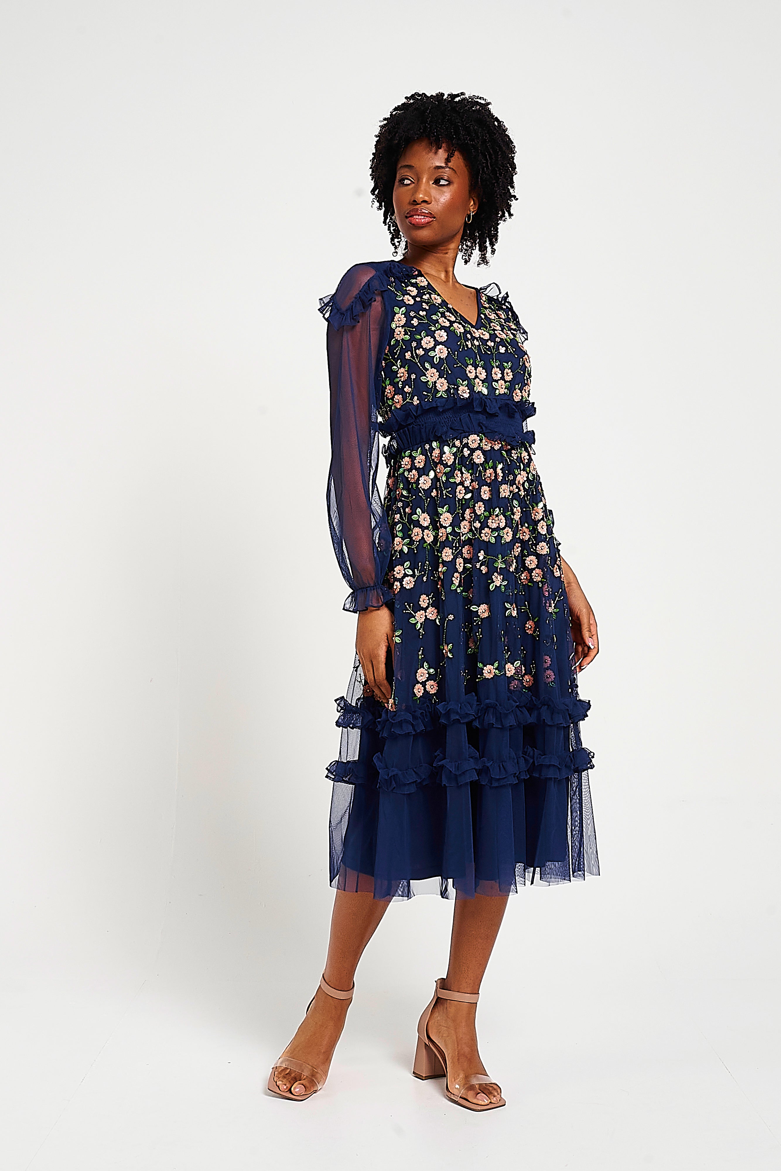 Frock & Frill Eloise navy embellished midi dress with elegant detailing