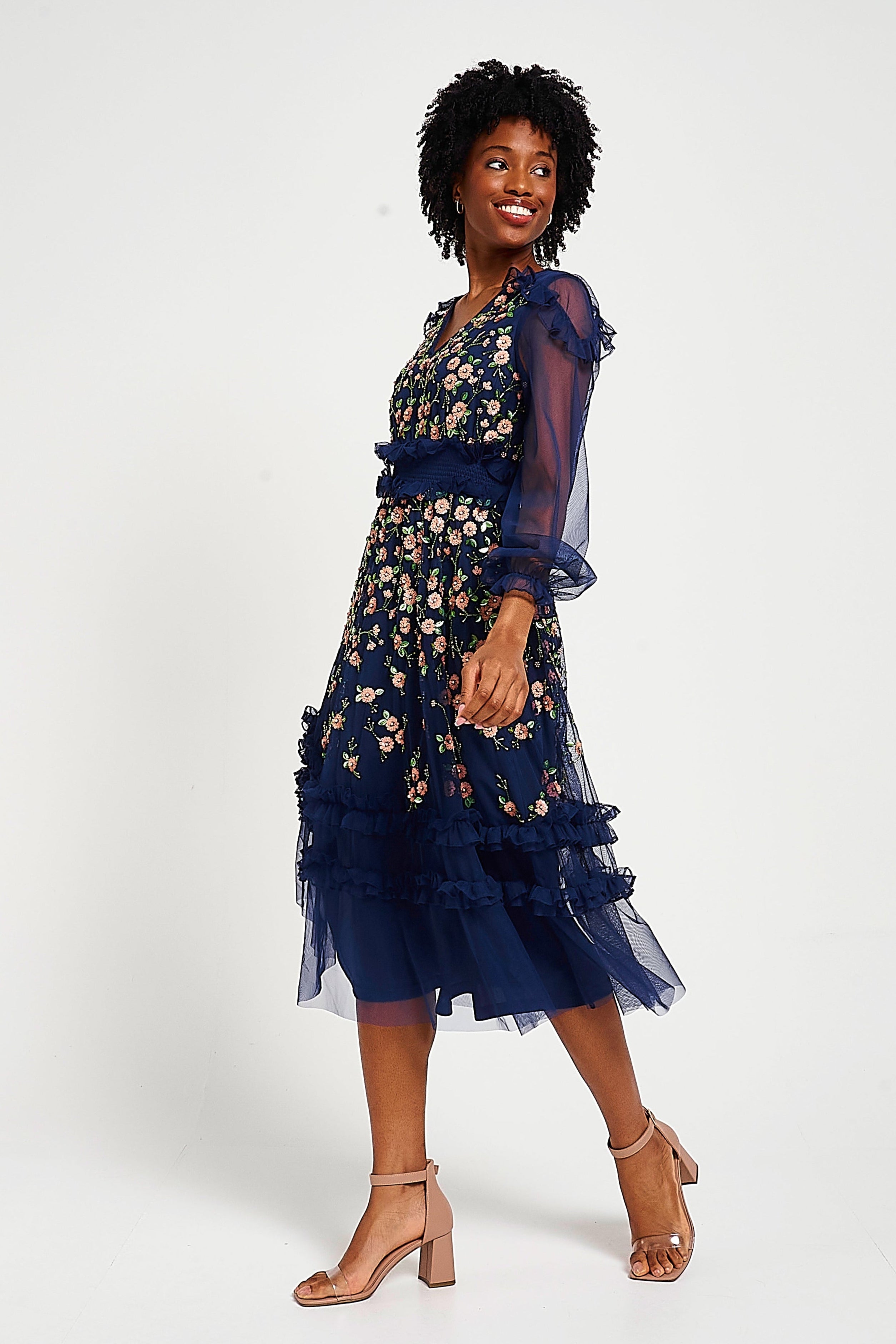 Eloise Navy Floral Embellished Midi Dress 