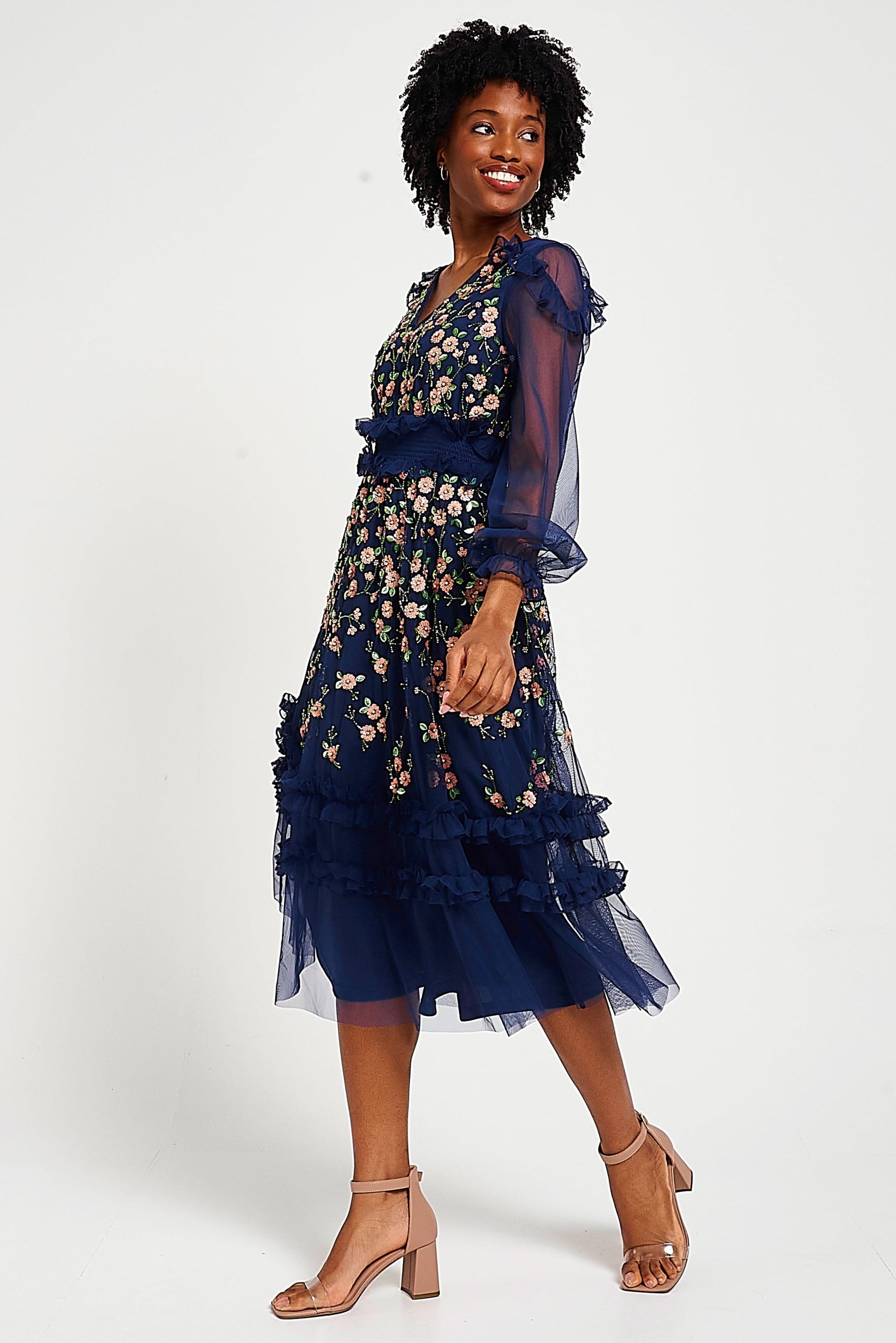 Frock & Frill Eloise navy embellished midi dress with elegant detailing
